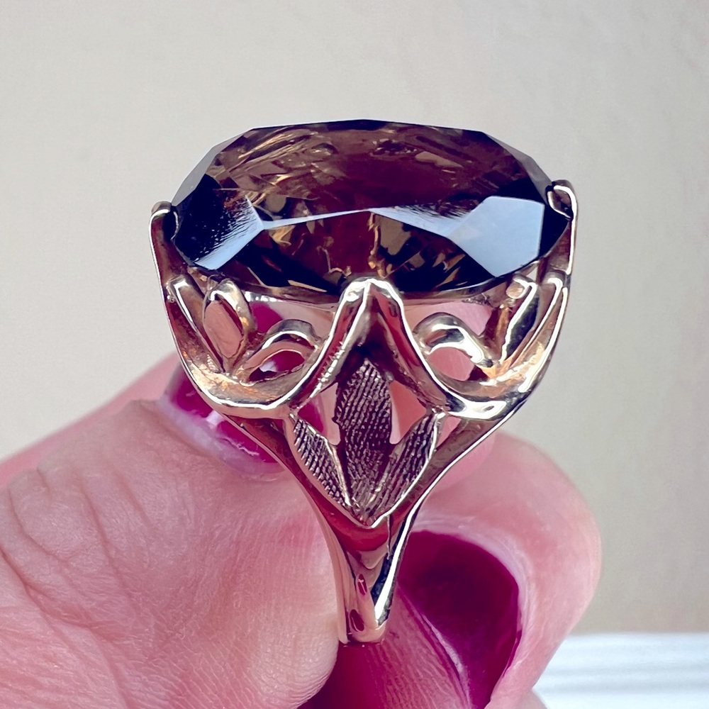 Vintage Estate Smokey Quartz and 10K Gold Chunky Cocktail Ring, Statement Jewelr